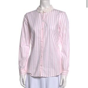 Sezane Striped Long Sleeve Button-Up Top with Lace Collar